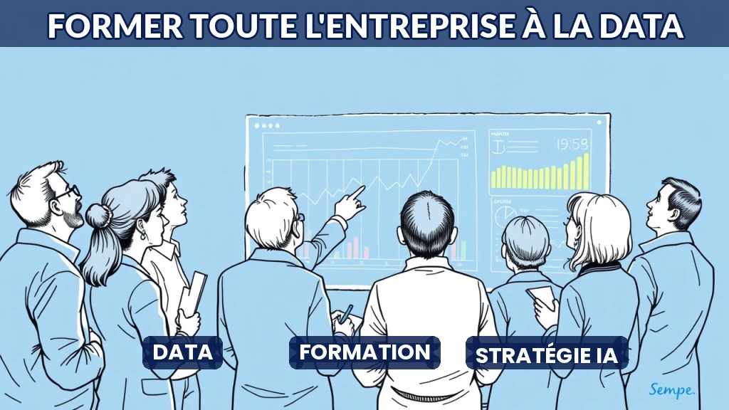 Illustration d'une équipe diverse analysant des données sur un écran transparent.