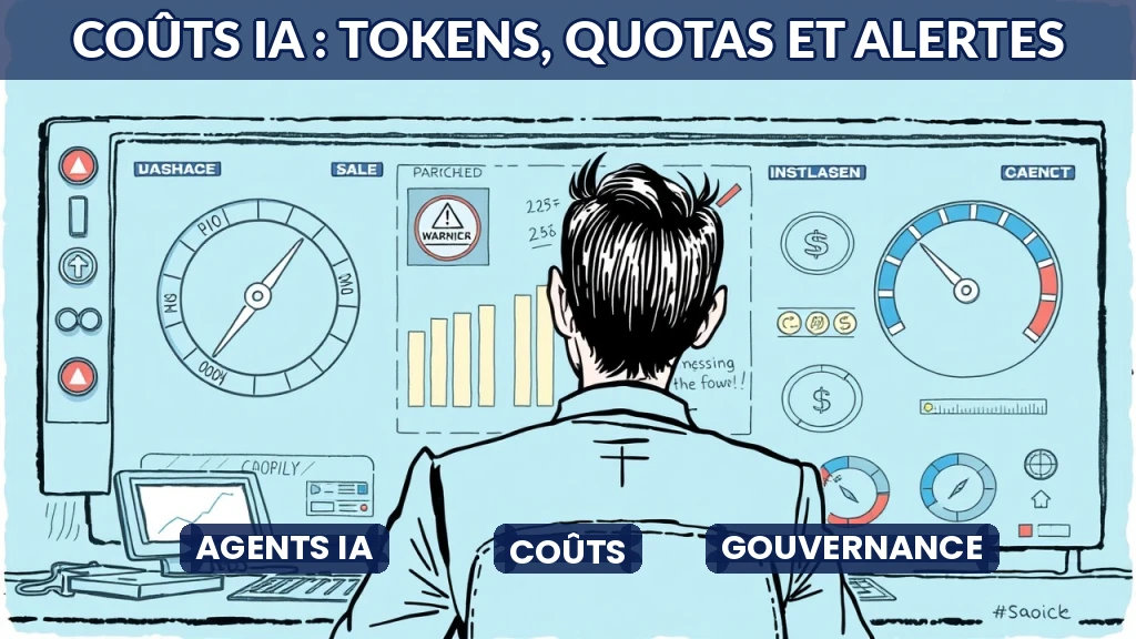 Illustration d'un tableau de bord de coûts d'IA avec tokens et alertes.