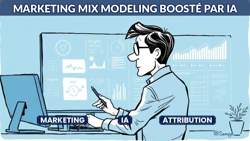 Illustration d'un tableau de bord marketing avec des graphiques et des données analysées par IA.