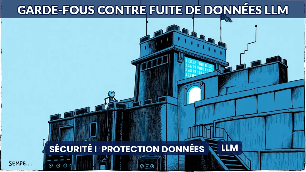 Illustration de garde-fous numériques protégeant des données contre une fuite via un modèle de langage.