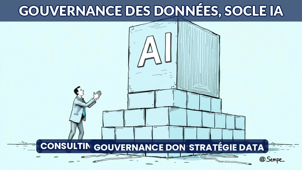 Illustration d'un consultant ajustant les fondations d'un bâtiment étiqueté 'IA', symbolisant la gouvernance des données.