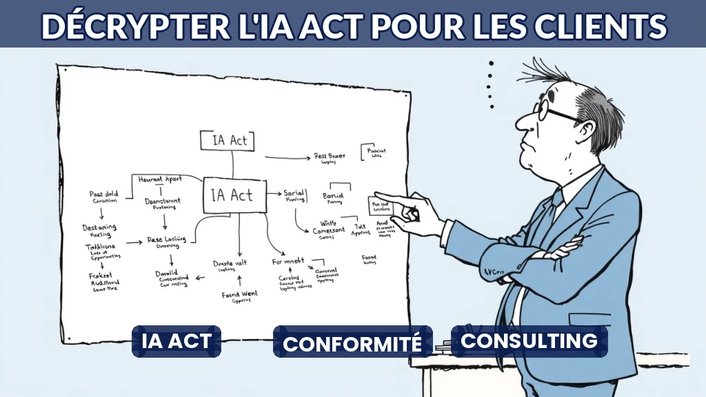 Illustration d'un consultant expliquant les obligations de l'IA Act à un dirigeant d'entreprise.
