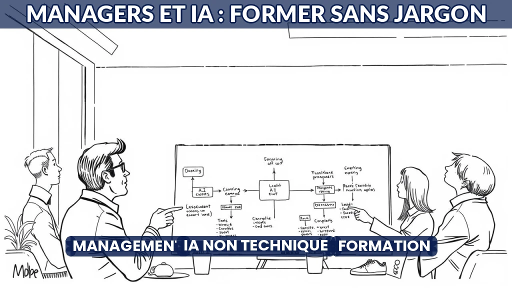 Illustration d'un manager apprenant l'IA avec des outils visuels simples.