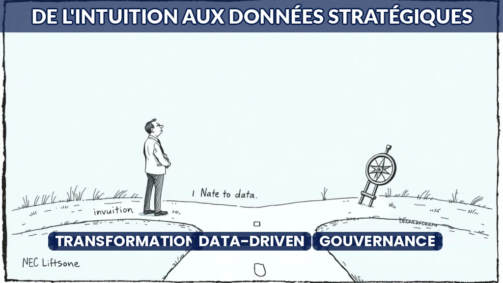 Illustration d'une boussole pointant vers des données numériques, symbolisant le passage à une culture pilotée par la donnée.