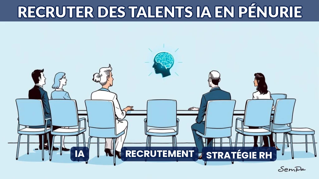 Illustration d'une équipe recrutant un expert en IA avec des outils numériques.