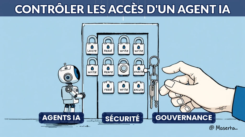 Illustration de clés numériques contrôlant l'accès d'un agent IA à des données.