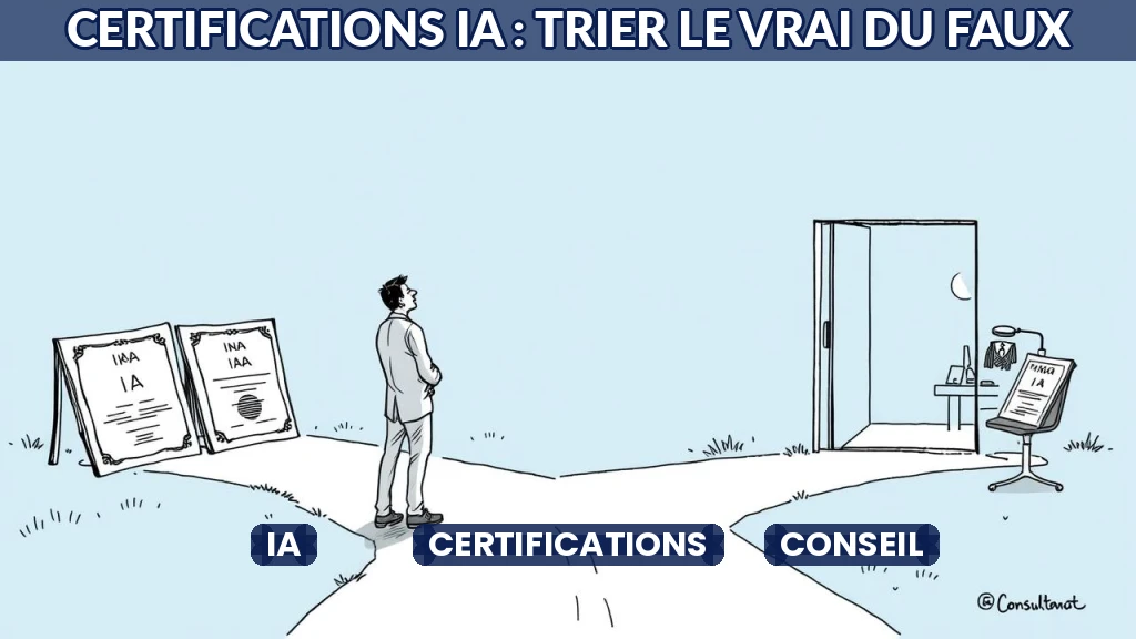 Illustration d'un consultant triant des certificats IA entre valeur réelle et simple marketing.