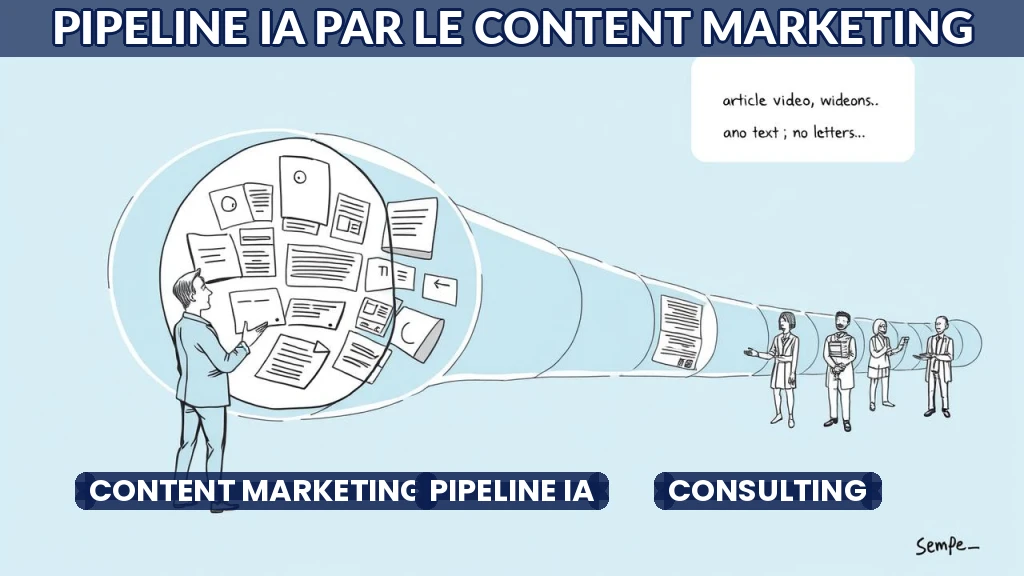Illustration d'un pipeline rempli de contenus menant à des missions de consulting en IA.