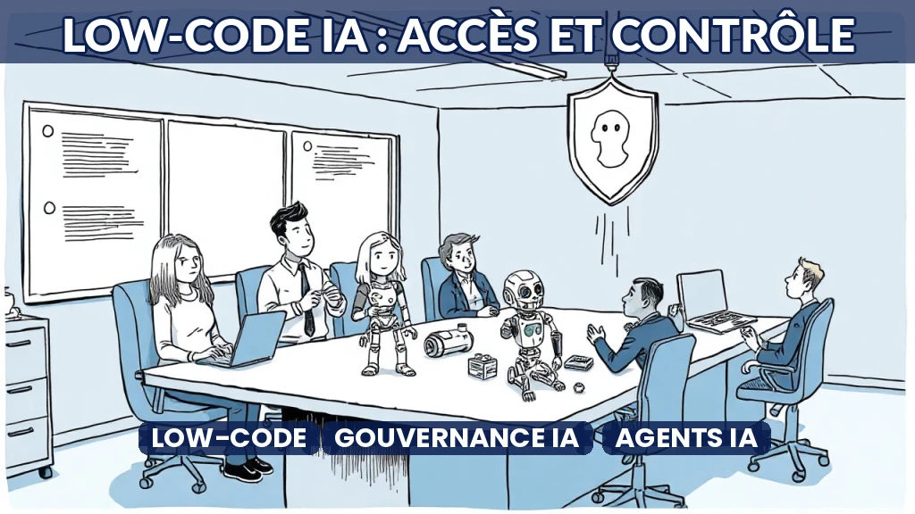 Illustration d'une plateforme low-code avec des blocs visuels et un bouclier de gouvernance.