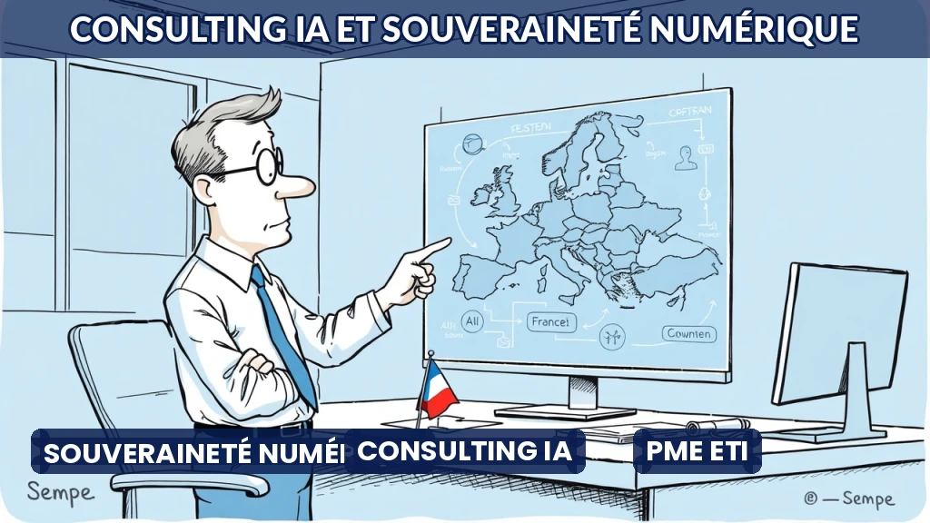 Consultant analysant une carte des solutions d'IA souveraines sur un écran transparent.