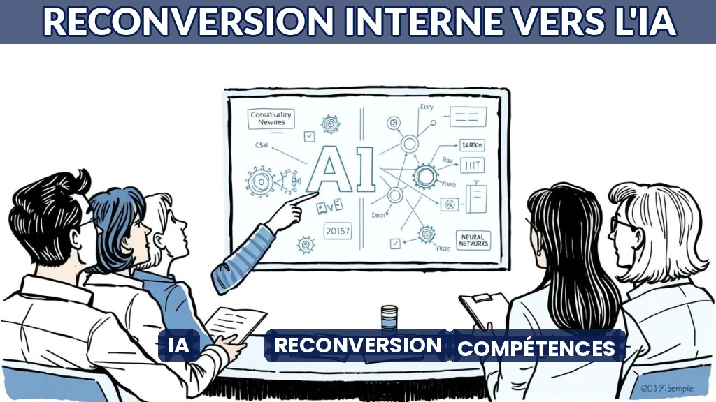 Illustration d'une équipe en formation devant un écran affichant des concepts d'intelligence artificielle.
