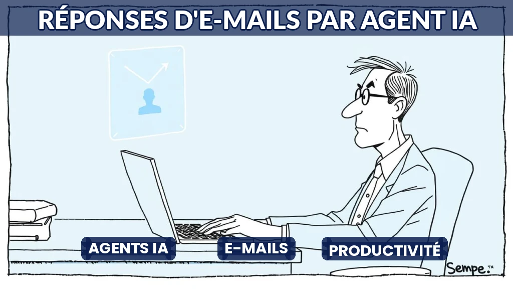 Un agent IA suggère une réponse d'e-mail sur un écran, supervisé par un professionnel.