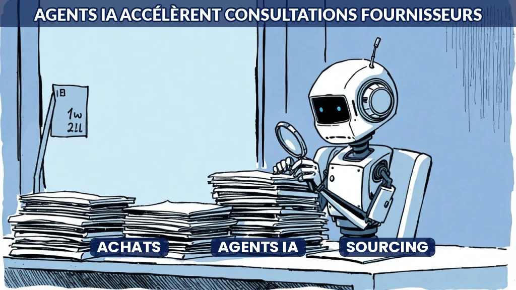 Illustration d'un agent IA analysant des dossiers fournisseurs en temps réel.