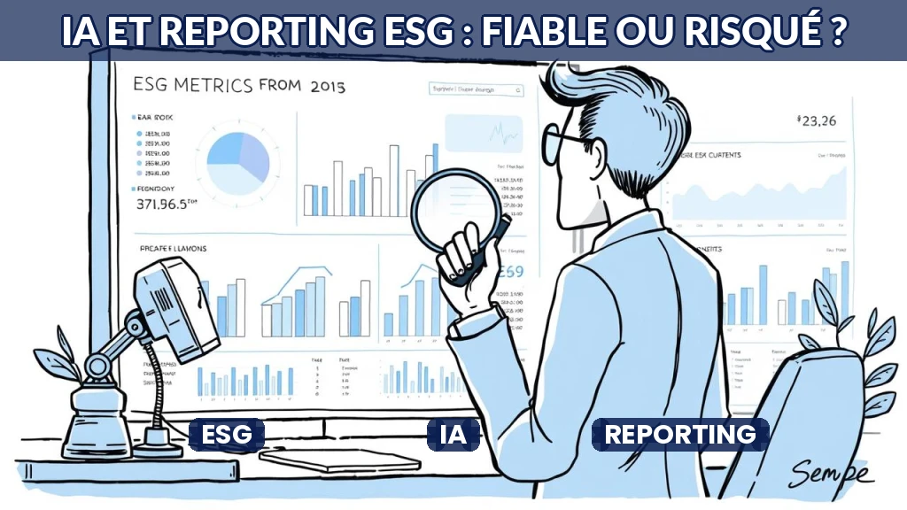 Illustration d'un tableau de bord ESG analysé par une intelligence artificielle.