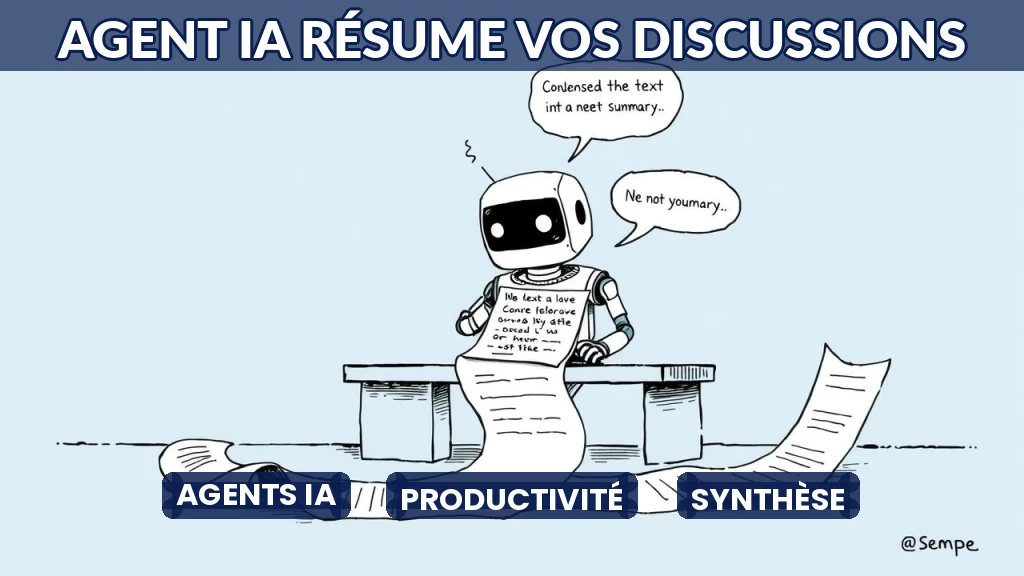 Illustration d'un agent IA résumant un fil de discussion complexe en quelques lignes claires.