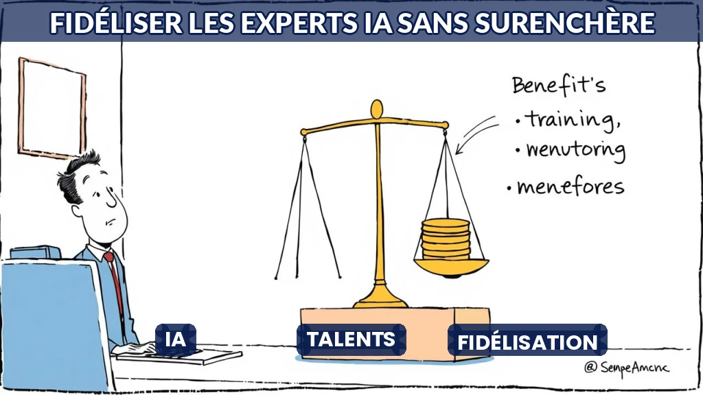 Illustration d'un équilibre entre salaire et avantages non financiers pour retenir un expert IA.