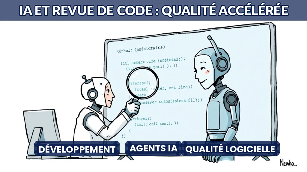Illustration d'un développeur et d'une IA collaborant sur une revue de code.