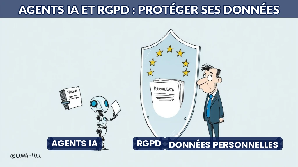 Illustration d'un agent IA manipulant des données sous le regard d'un bouclier RGPD.