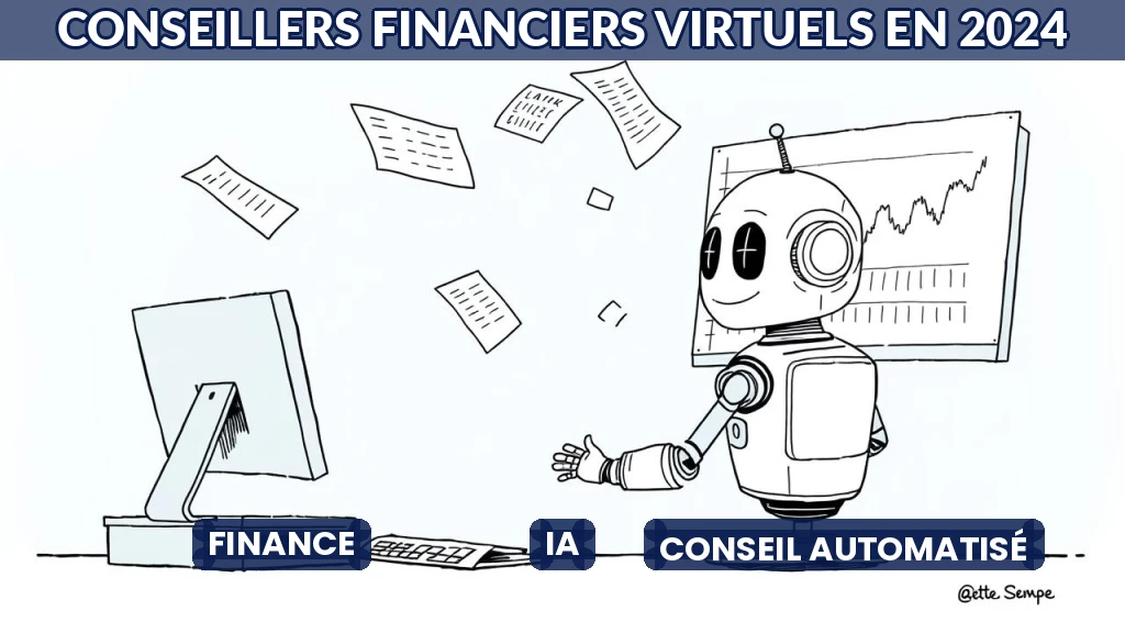 Illustration d'un conseiller financier virtuel représenté par un robot stylisé, analysant des graphiques boursiers.