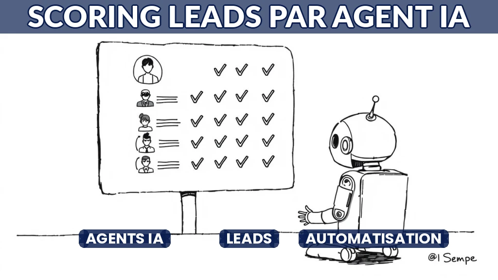 Illustration d'un agent IA analysant des profils de leads sur un écran transparent.