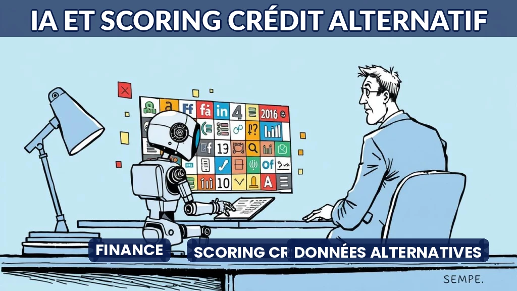 Illustration d'un algorithme analysant des données variées pour évaluer un crédit.