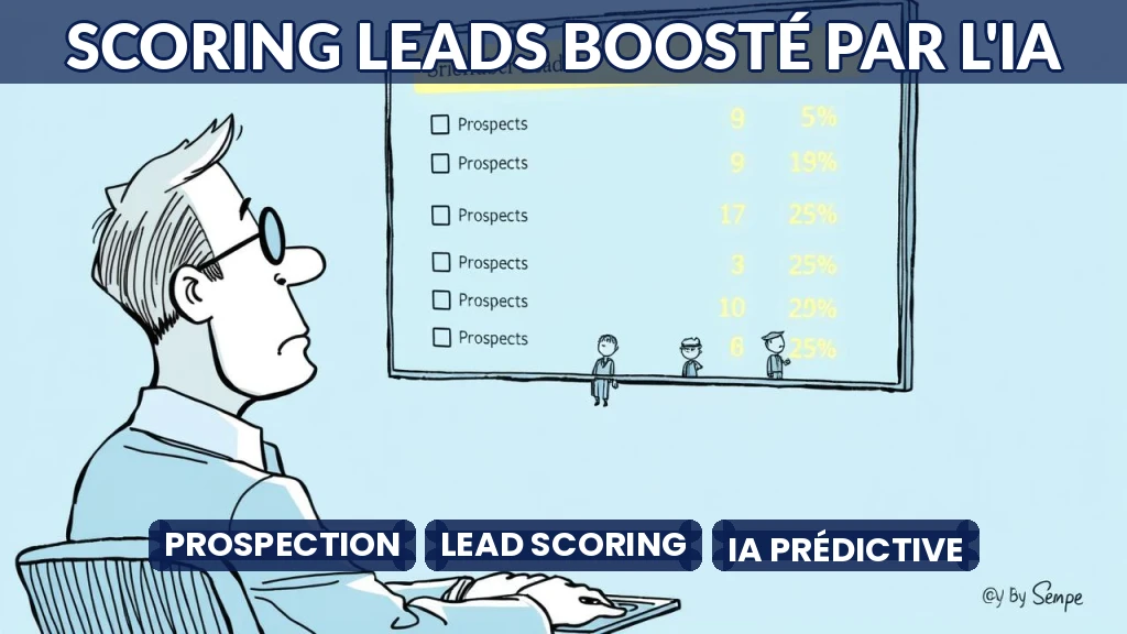 Illustration d'un tableau de bord intelligent classant des prospects par score IA.