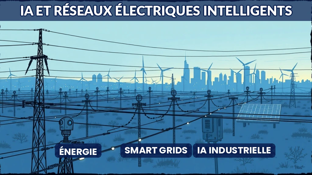 Réseau électrique intelligent avec flux de données et IA en arrière-plan.