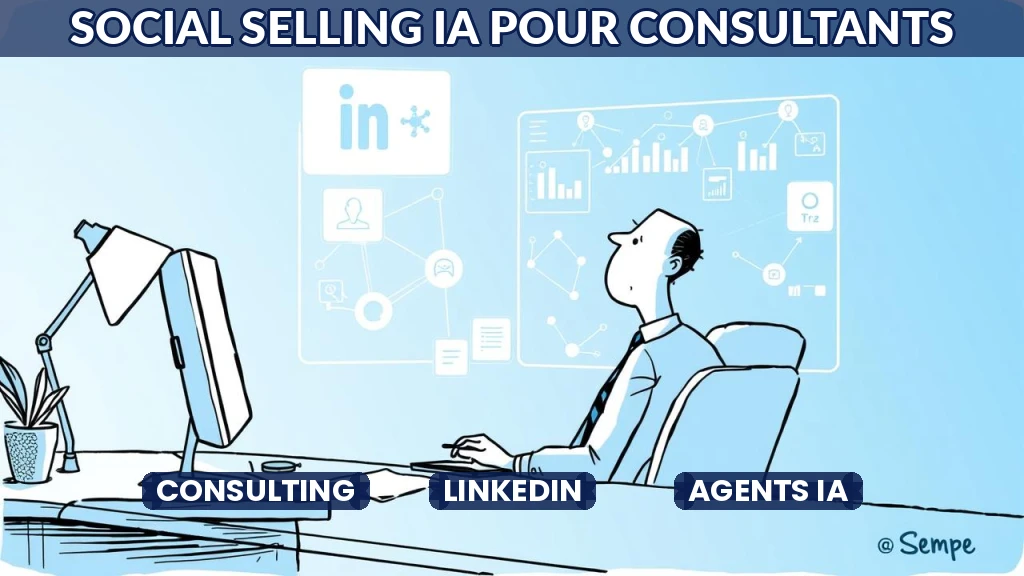 Consultant utilisant l'IA pour analyser des interactions LinkedIn sur un écran holographique.