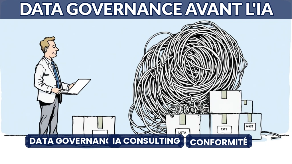 Illustration d'un consultant guidant une entreprise vers une gouvernance des données organisée.