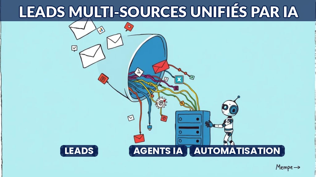 Illustration d'un entonnoir connectant plusieurs sources de leads à un système centralisé par l'IA.