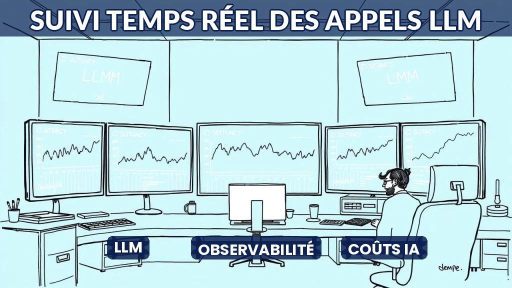 Illustration d'un tableau de bord affichant latence, tokens et coûts des appels LLM.
