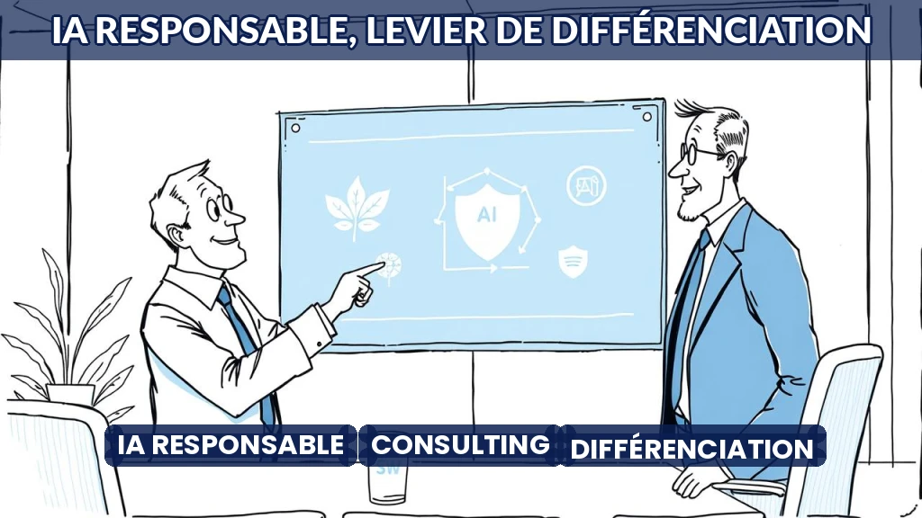 Illustration d'un consultant expliquant l'IA responsable à un dirigeant d'entreprise.