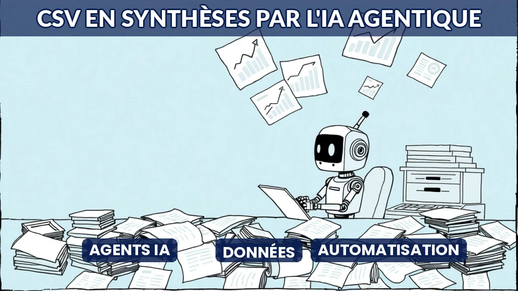 Illustration d'un agent IA analysant des données CSV pour en extraire des insights décisionnels.