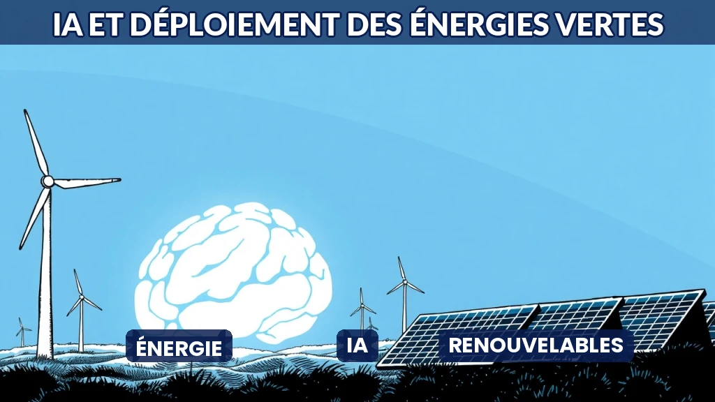 Réseau électrique intelligent avec éoliennes et panneaux solaires, géré par intelligence artificielle.