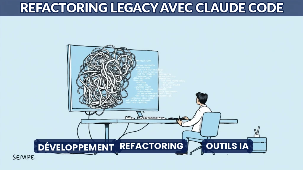 Illustration d'un développeur utilisant Claude Code pour analyser et refactorer du code legacy.