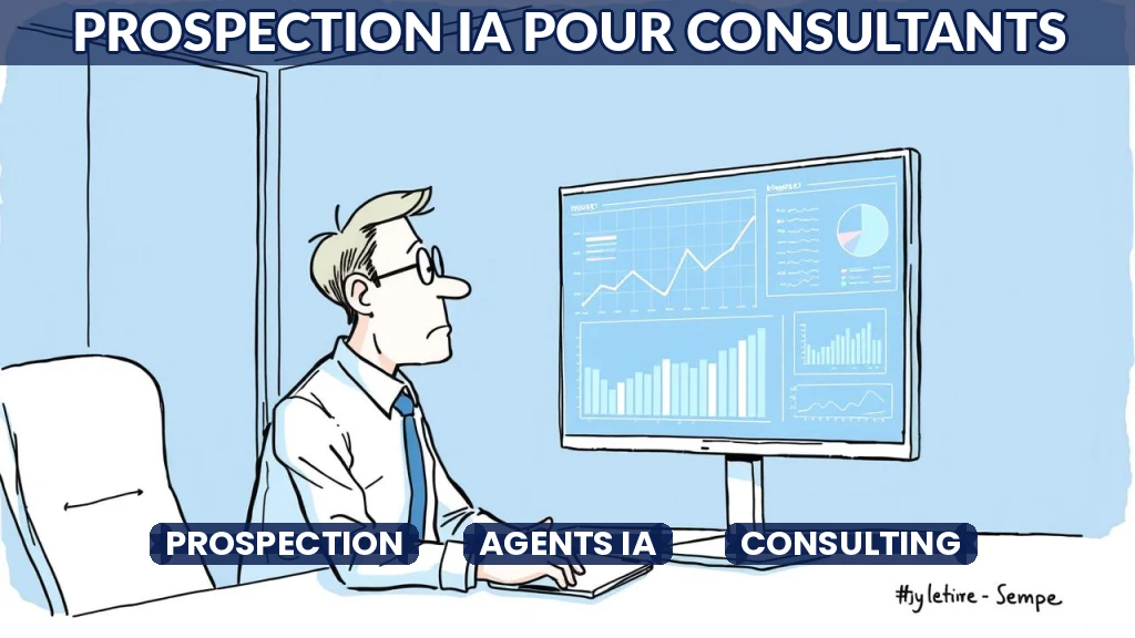Consultant analysant des données IA sur un écran transparent, style dessin épuré.