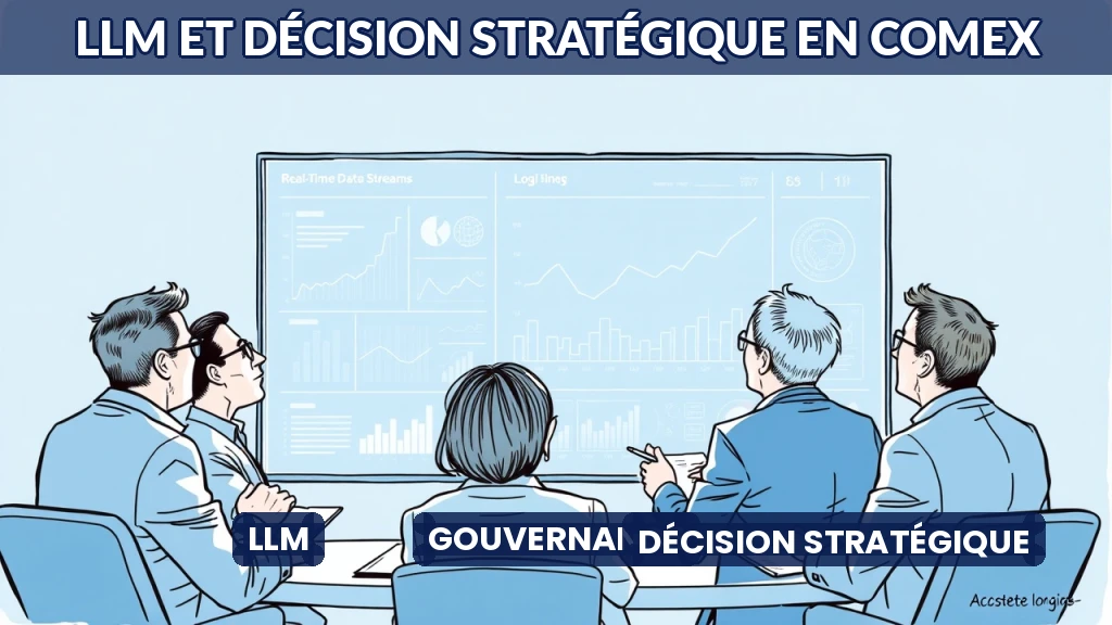 Illustration d'un comité exécutif utilisant une interface d'intelligence artificielle pour analyser des données stratégiques.