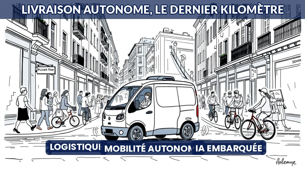 Fourgonnette autonome livrant des colis en ville, illustration humoristique style Sempé.