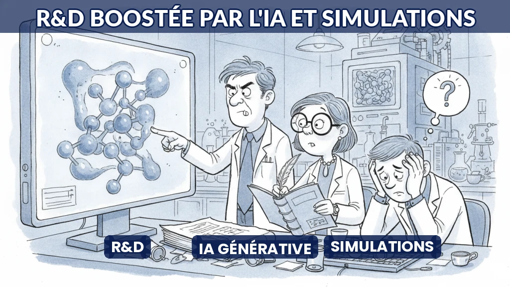 Illustration de chercheurs utilisant l'IA pour simuler des prototypes en laboratoire.