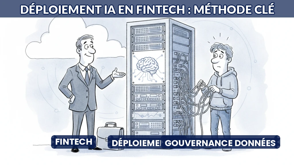 Illustration d'un consultant aidant une fintech à déployer un modèle IA en production.
