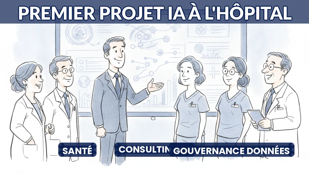 Illustration d'un consultant guidant une équipe hospitalière vers un écran affichant des données médicales.