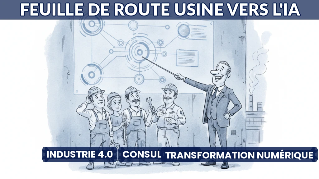 Consultant IA expliquant une feuille de route numérique à des industriels en usine.
