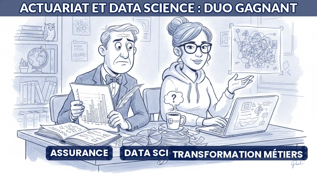 Illustration d'un actuaire et d'un data scientist travaillant ensemble sur des données.