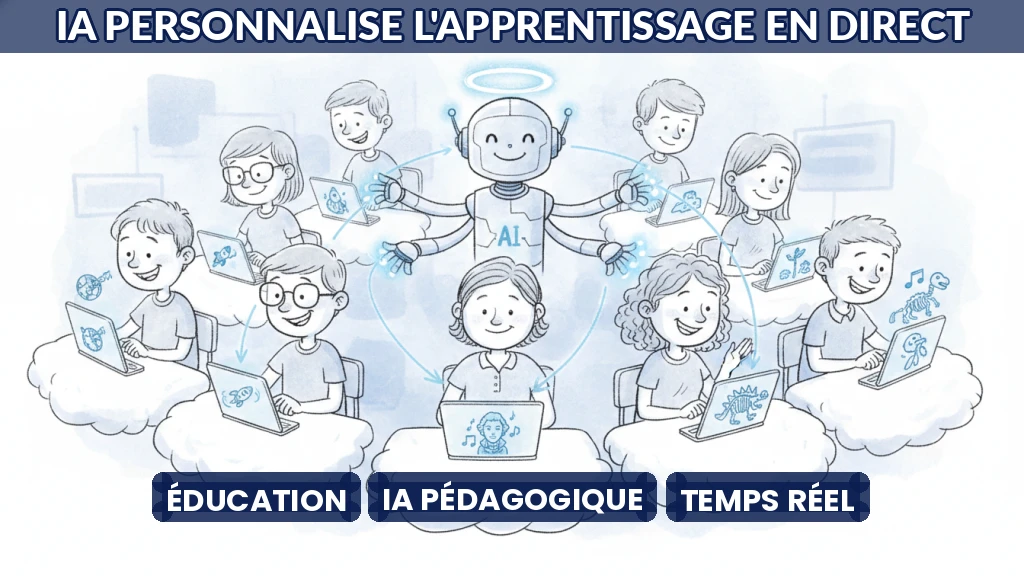 Illustration d'une salle de classe numérique où l'IA ajuste les exercices pour chaque élève.