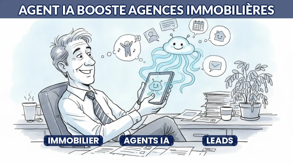Illustration d'un agent immobilier utilisant une tablette avec une interface IA pour gérer des leads.