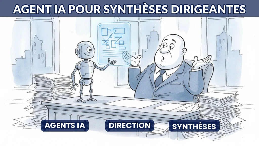 Illustration d'un agent IA générant des synthèses pour un dirigeant.