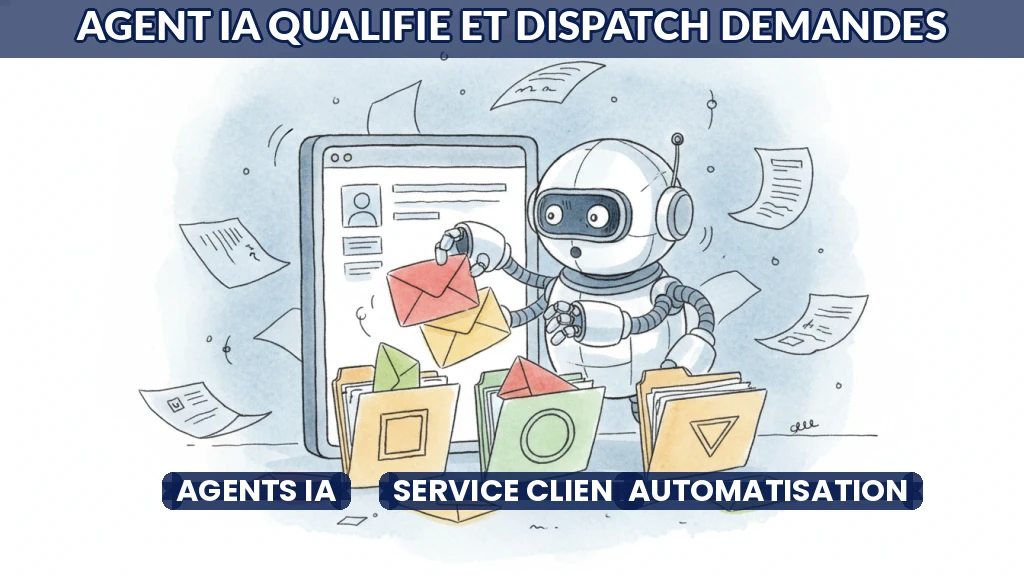 Illustration d'un agent IA triant des demandes clients sur un écran numérique.