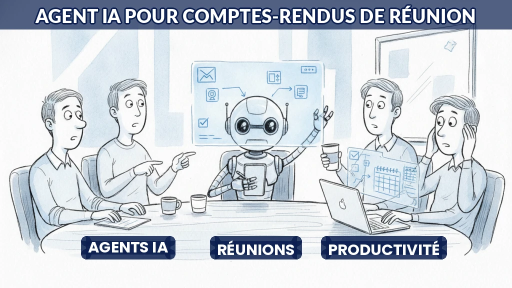 Illustration d'un agent IA transcrivant une réunion et assignant des tâches.