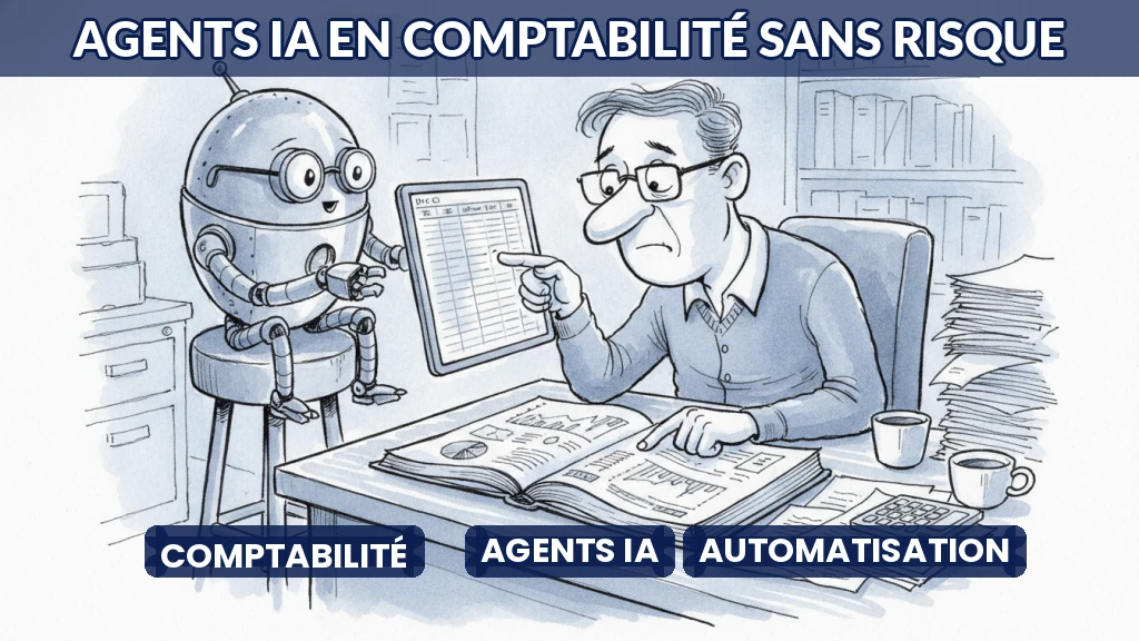 Illustration d'un agent IA assistant un comptable dans un bureau moderne.
