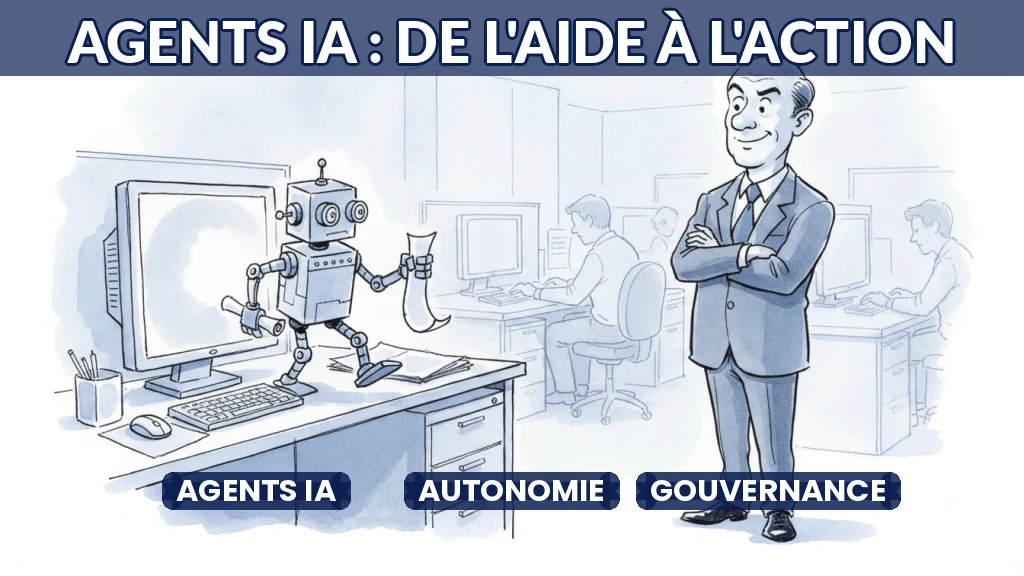 Illustration d'un agent IA passant d'un écran à une action concrète en entreprise.